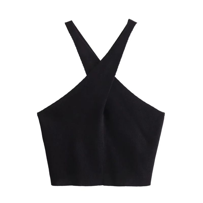Fashion Black Knitted Crossover Halter Top