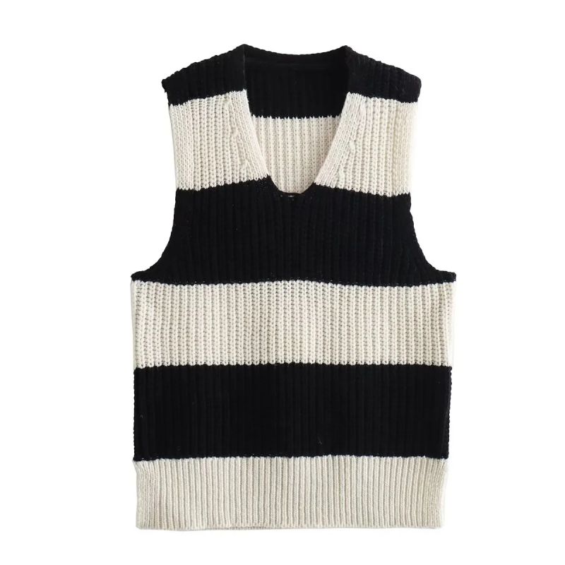 Fashion Wide Black And White Stripes Striped Knitted V-neck Vest