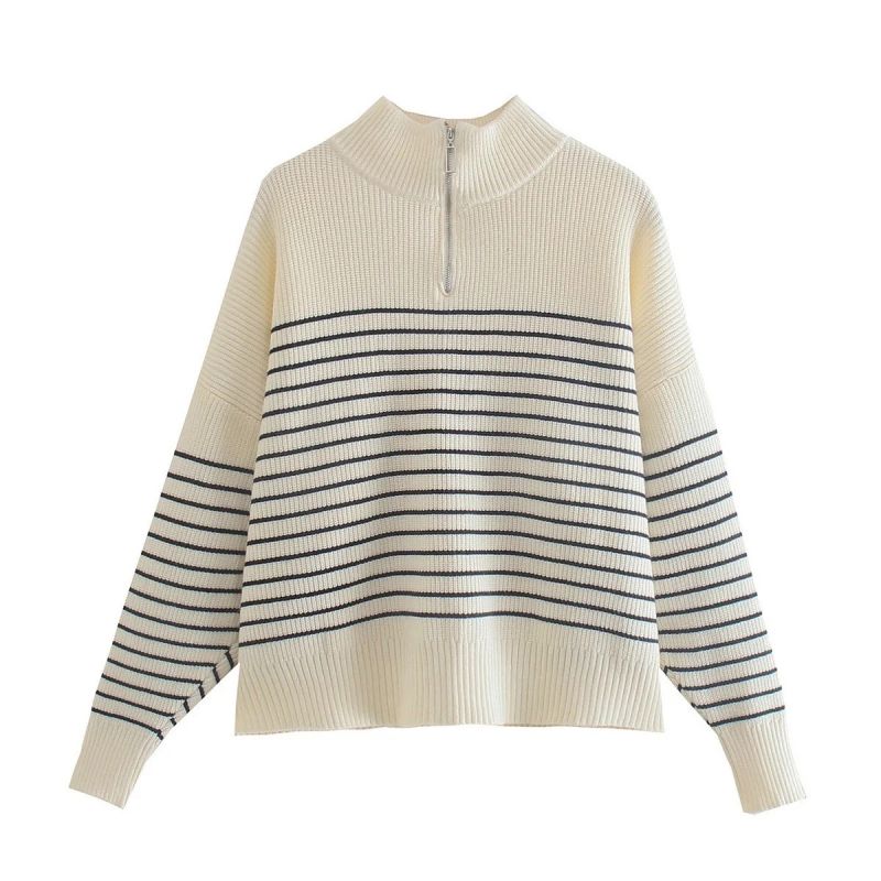 Fashion Black Stripes Striped Knitted Zippered Stand-collar Sweater
