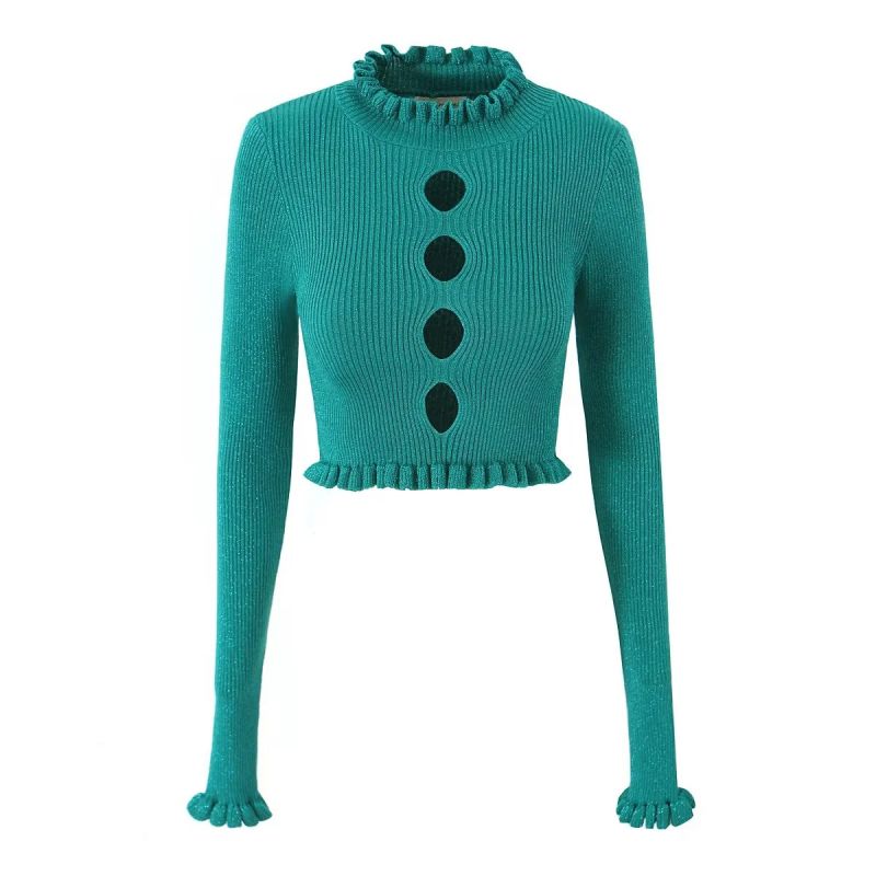 Fashion Malachite Green High Elastic Fungus Knitted Sweater