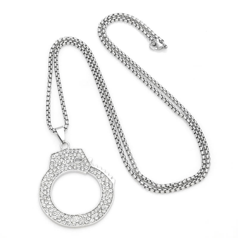 Fashion Silver Stainless Steel Diamond Handcuffs Men's Necklace