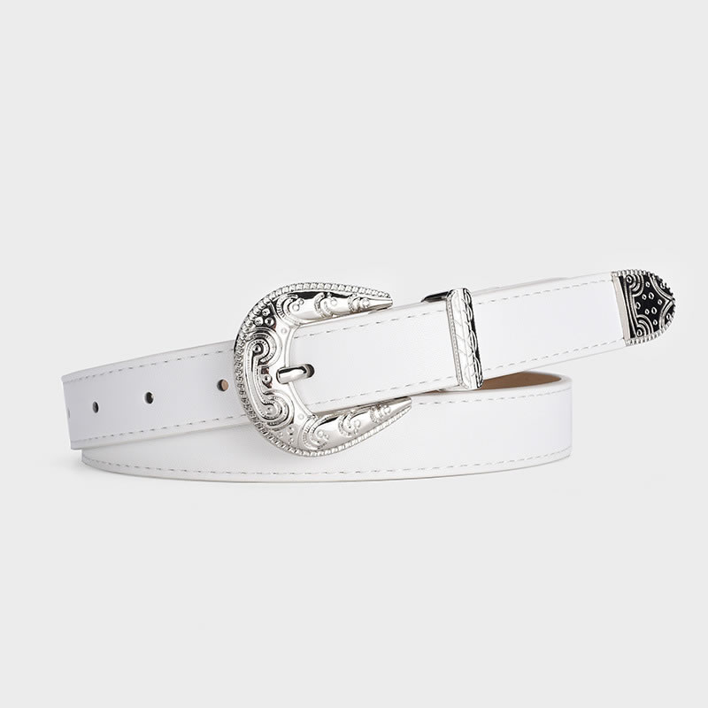 Fashion White Pu Carved Buckle Wide Belt
