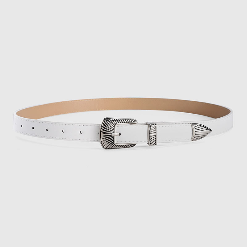 Fashion White Faux Leather Engraved Buckle Wide Belt