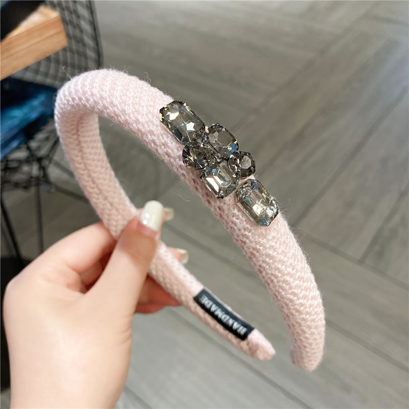 Fashion Light Pink Geometric Diamond-embellished Knitted Wide-brim Headband