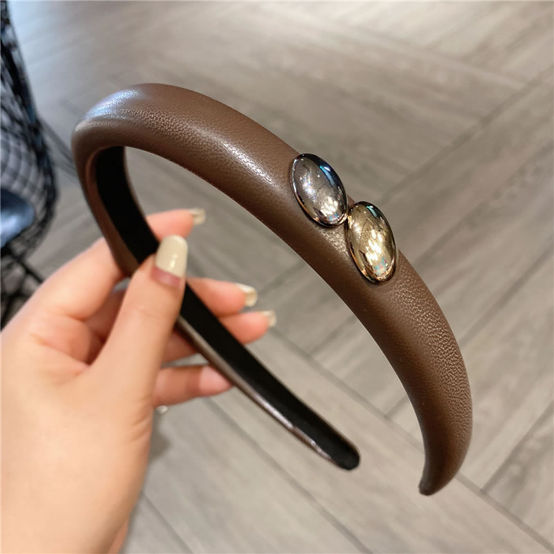 Fashion Coffee Color Three-dimensional Oval Leather Wide-brimmed Headband