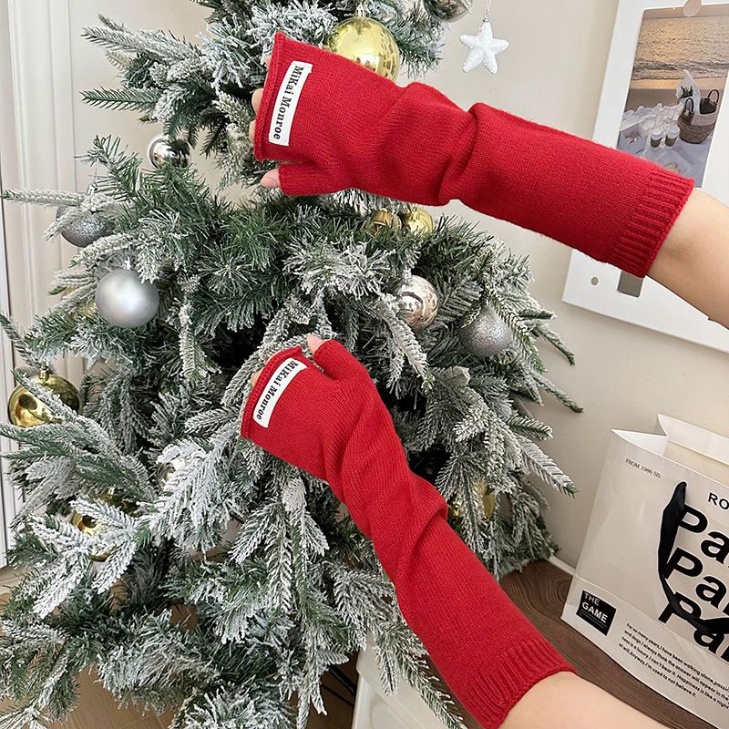 Fashion Red Polyester Long Knitted Fingerless Gloves