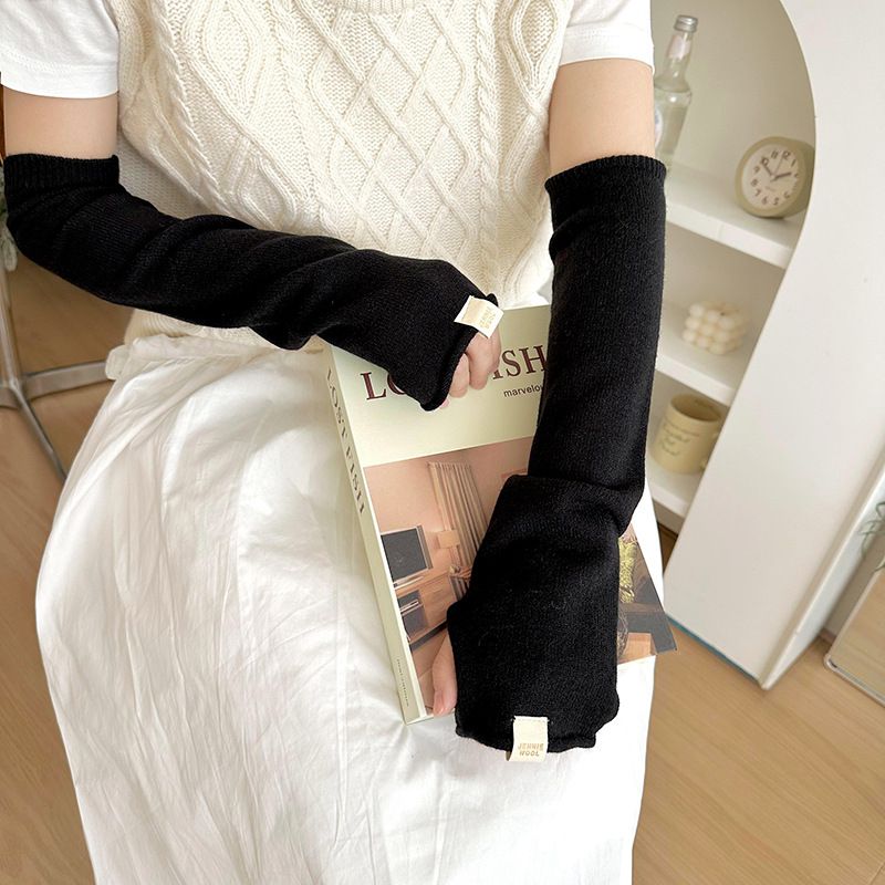 Fashion Black Polyester Long Knit Arm Guard Fingerless Sleeves