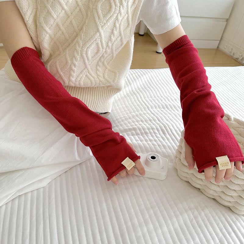 Fashion Red Polyester Long Knit Arm Guard Fingerless Sleeves