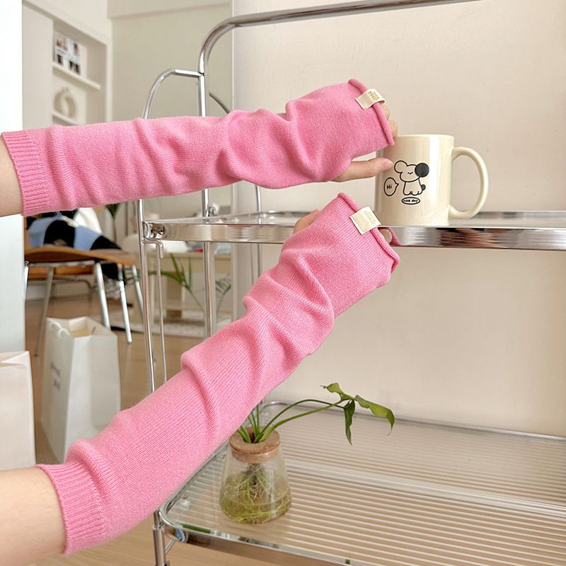 Fashion Rose Red Polyester Long Knit Arm Guard Fingerless Sleeves