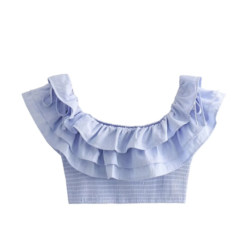 Fashion Light Blue Polyester Ruffled Bateau Neck Top