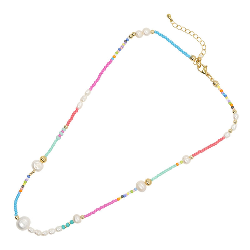Fashion Color Contrast Color Rice Beads And Pearl Bead Necklace