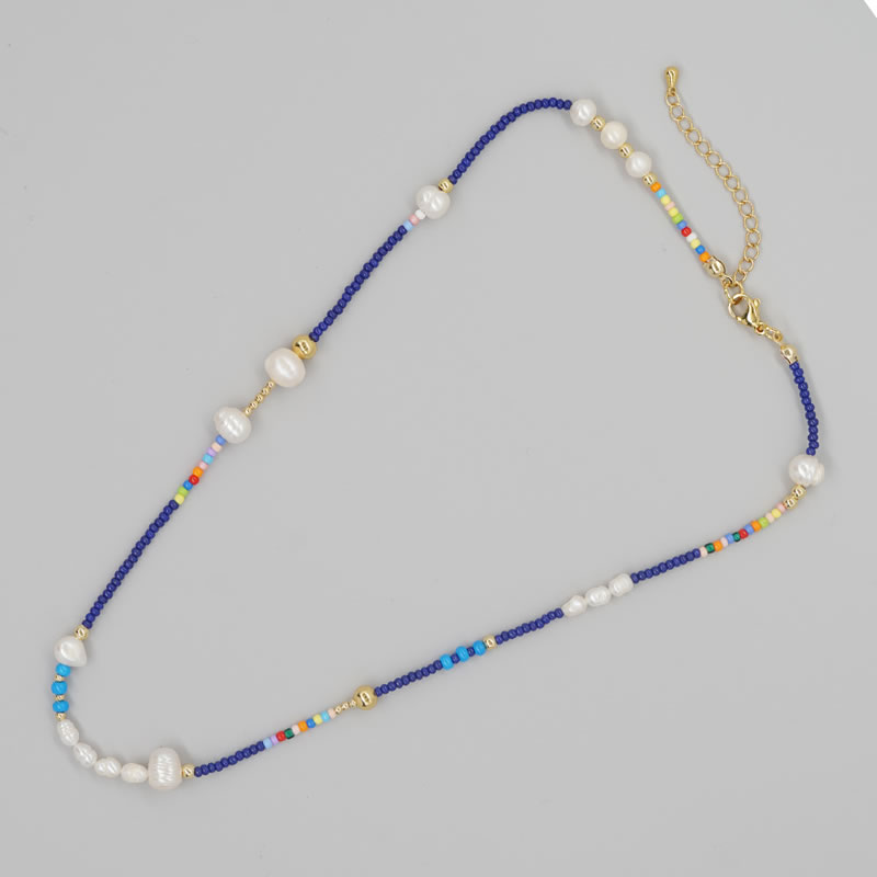 Fashion Navy Blue Colorful Rice Beads Pearl Bead Necklace