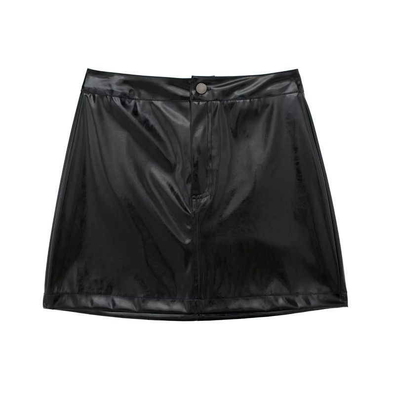 Fashion Black Shiny Leather Single-button Skirt