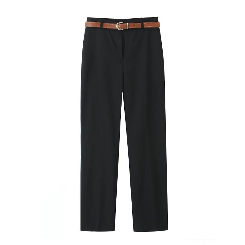 Fashion Black Belted Straight Trousers