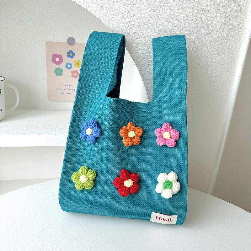 Fashion Multicolor Small Flower Blue Colorful Three-dimensional Small Flower Knitted Large-capacity Handbag