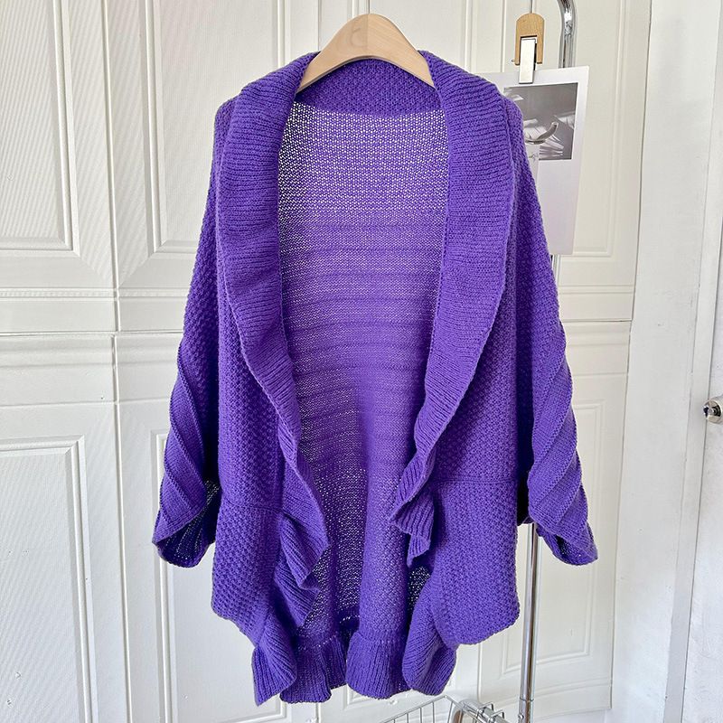 Fashion Purple Ruffled Knitted Cardigan Shawl Jacket