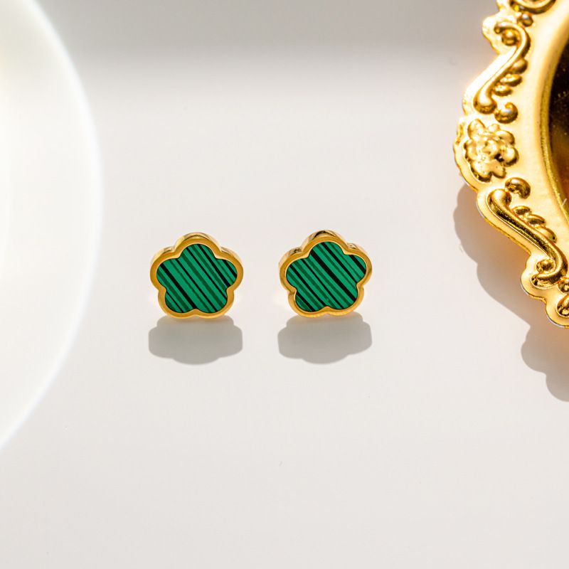 Fashion Earrings Green Shell Gold Stainless Steel Mother-of-pearl Flower Earrings