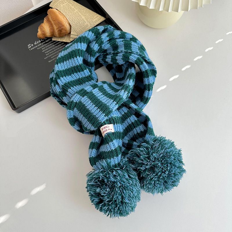 Fashion Blue-green Polyester Striped Pom-pom Knitted Scarf With Logo