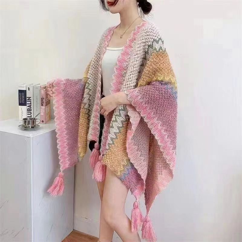 Fashion Pink Polyester Knitted Fringed Shawl