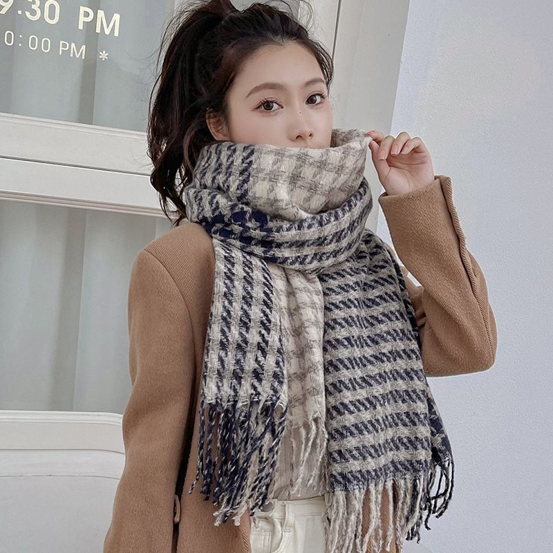 Fashion Dark Blue Faux Wool Knitted Houndstooth Scarf