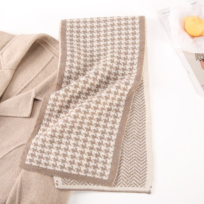 Fashion Khaki Faux Cashmere Knitted Houndstooth Rippled Reversible Scarf