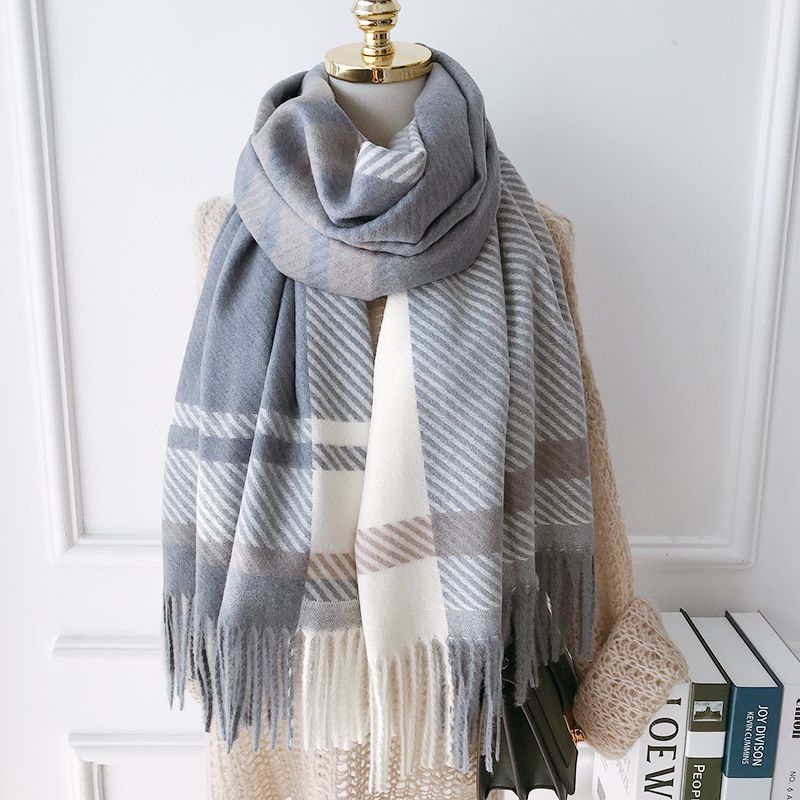 Fashion Light Grey Faux Cashmere Knitted Plaid Fringed Scarf