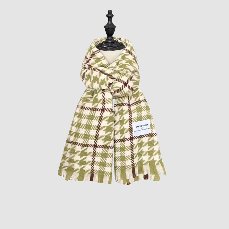 Fashion Green White Faux Cashmere Knitted Plaid Fringed Scarf