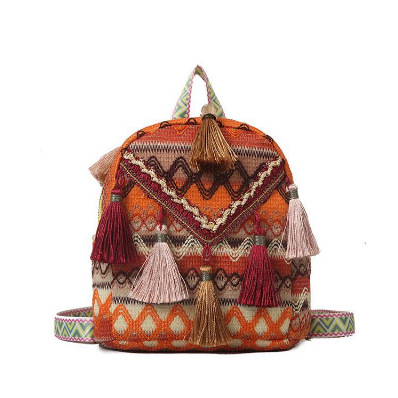 Fashion Orange Cotton And Linen Woven Tassel Large Capacity Backpack