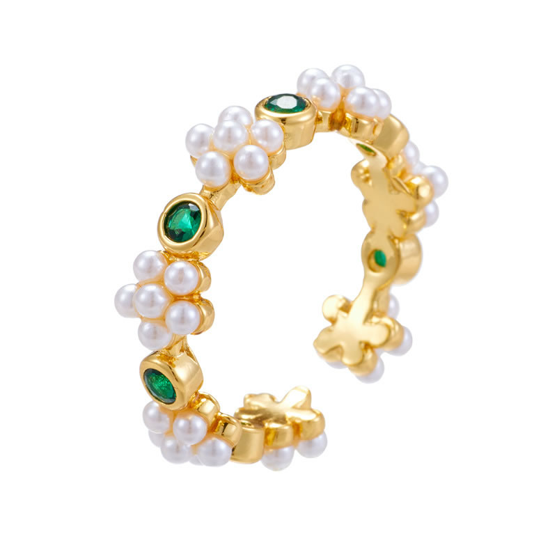 Fashion Gold Copper Set Zirconium Pearl Flower Open Ring