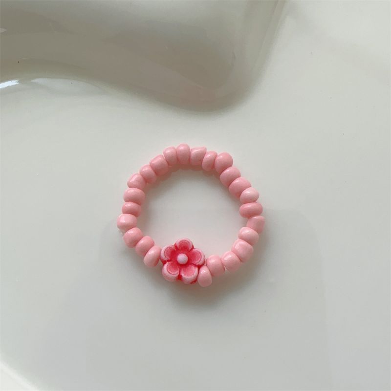 Fashion 12# Pink-with Flowers Rice Beaded Flower Ring