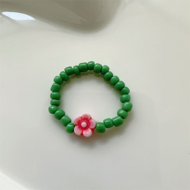 Fashion 13# Green-with Flowers Rice Beaded Flower Ring