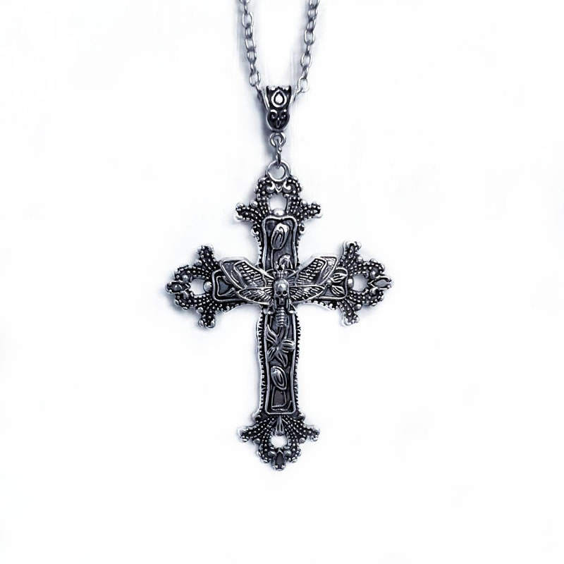 Fashion Silver Alloy Cross Moth Necklace