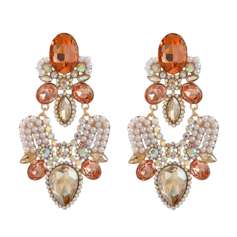 Fashion Rose Gold Alloy Diamond And Pearl Geometric Earrings