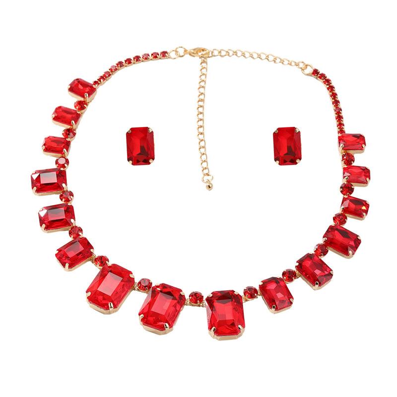 Fashion Red Copper Diamond Square Necklace And Earring Set