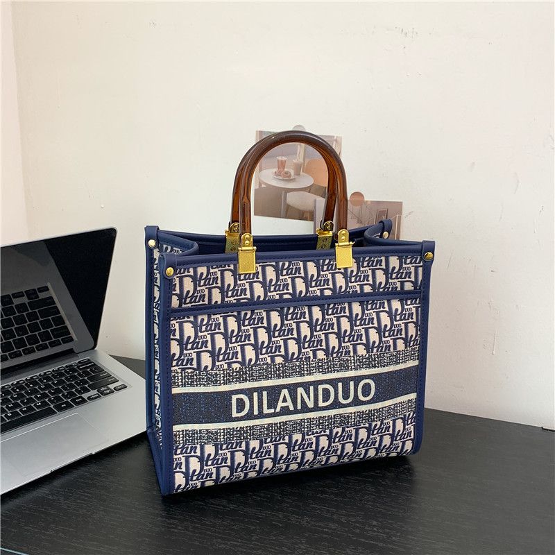Fashion Blue Pu Printed Large Capacity Handbag