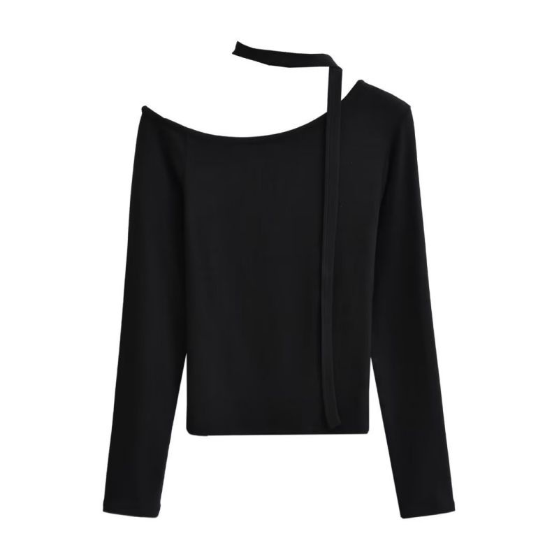 Fashion Black Polyester Off-shoulder Long-sleeved + Scarf T-shirt Top