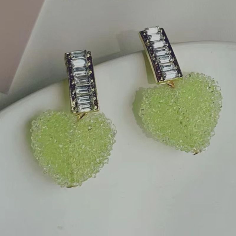 Fashion Green Heart Earrings Alloy Diamond Love Earrings