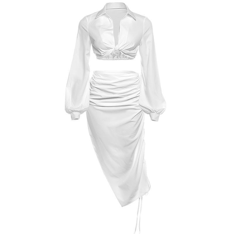 Fashion White Suit Polyester Lapel Tie-embellished Long-sleeved Shirt And Drawstring Pleated Skirt Set