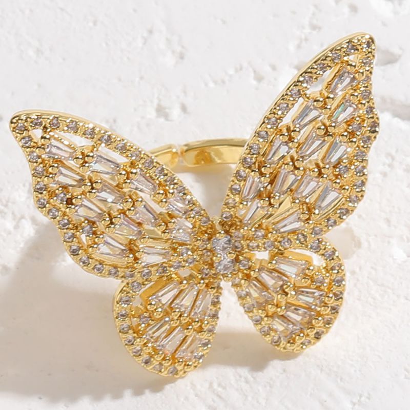 Fashion 14k Real Gold White Zirconia Copper And Diamond Butterfly Open Ring