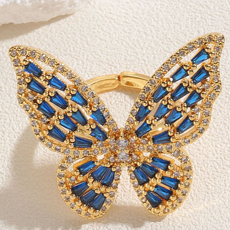 Fashion Royal Blue Zircon Copper And Diamond Butterfly Open Ring