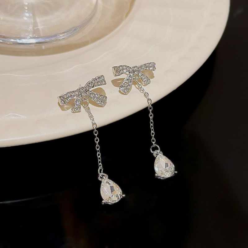 Fashion Silver Alloy Set With Pear Drop Diamond Bow Earrings