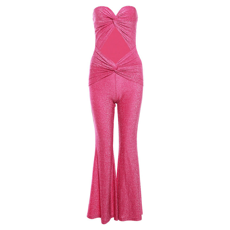 Fashion Rose Red Polyester Tube Top Cutout Boot-cut Jumpsuit