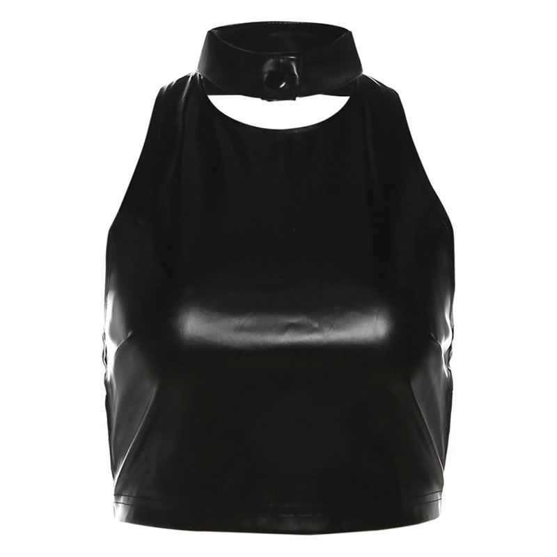 Fashion Black Polyester Halterneck Backless Imitation Leather Vest