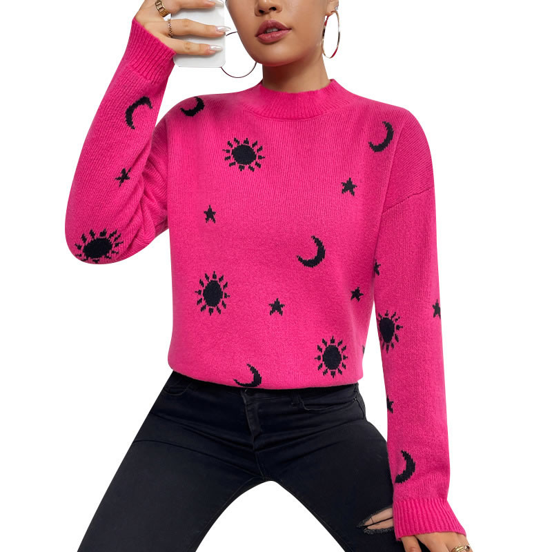 Fashion Rose Red Halloween Sweater Polyester Jacquard Round Neck Pullover Knitted Sweater