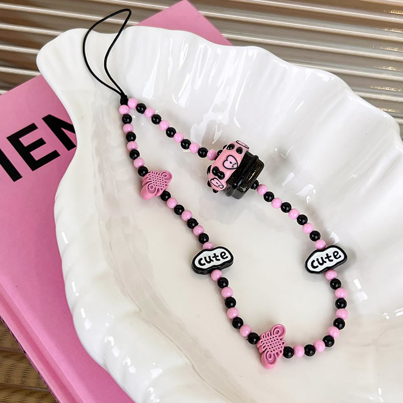 Fashion Pink And Black Resin Rice Beaded Geometric Mobile Phone Chain