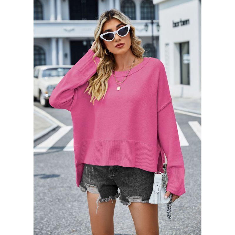 Fashion Rose Red Acrylic Crew Neck Knitted Pullover Sweater