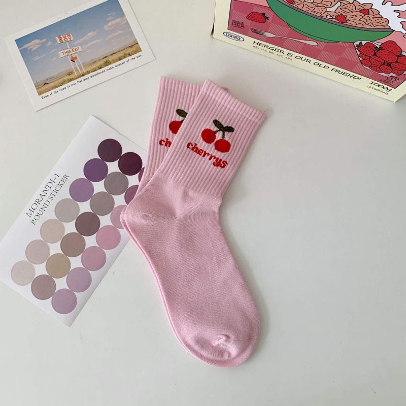 Fashion Cherry [1 Pair] Cotton Printed Mid-calf Socks