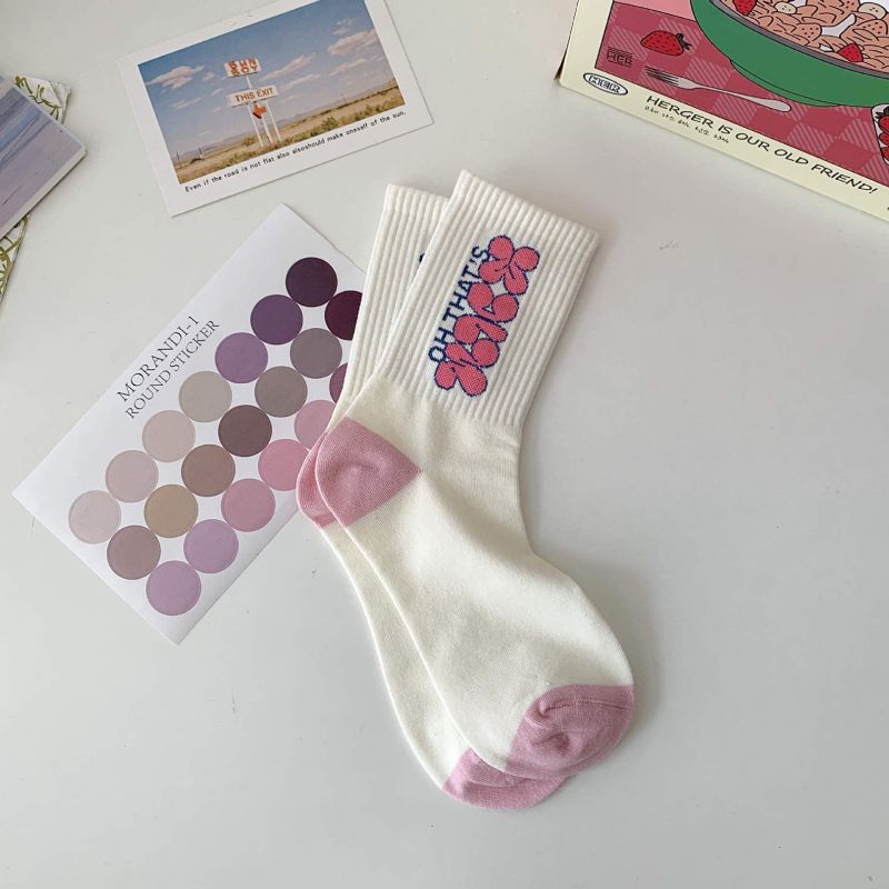 Fashion Pink Letters [1 Pair] Cotton Printed Mid-calf Socks