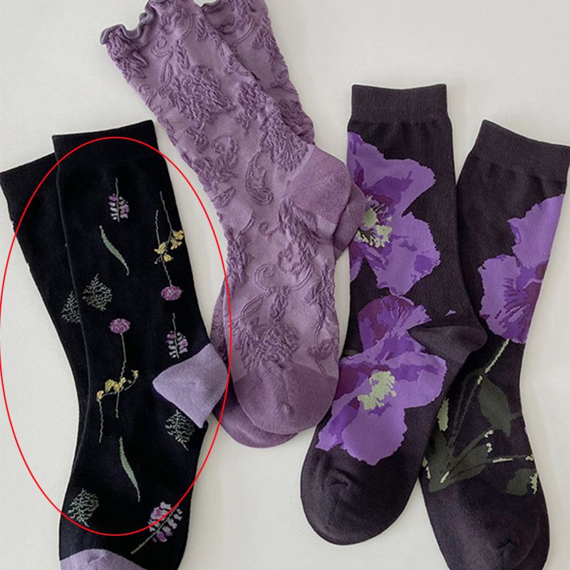Fashion 【moonshadow Flower Story】black Cotton Printed Mid-calf Socks