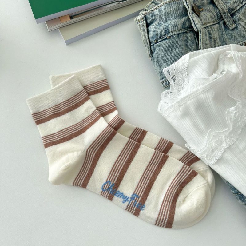Fashion Coffee White Stripes Cotton Embroidered Mid-calf Socks
